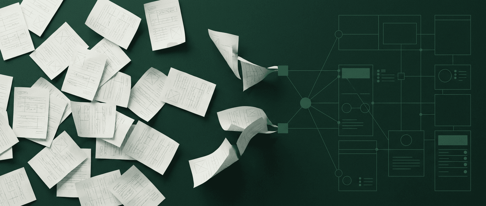 Illustration: scattered paper spreadsheets transforming into an ordered, connected software system