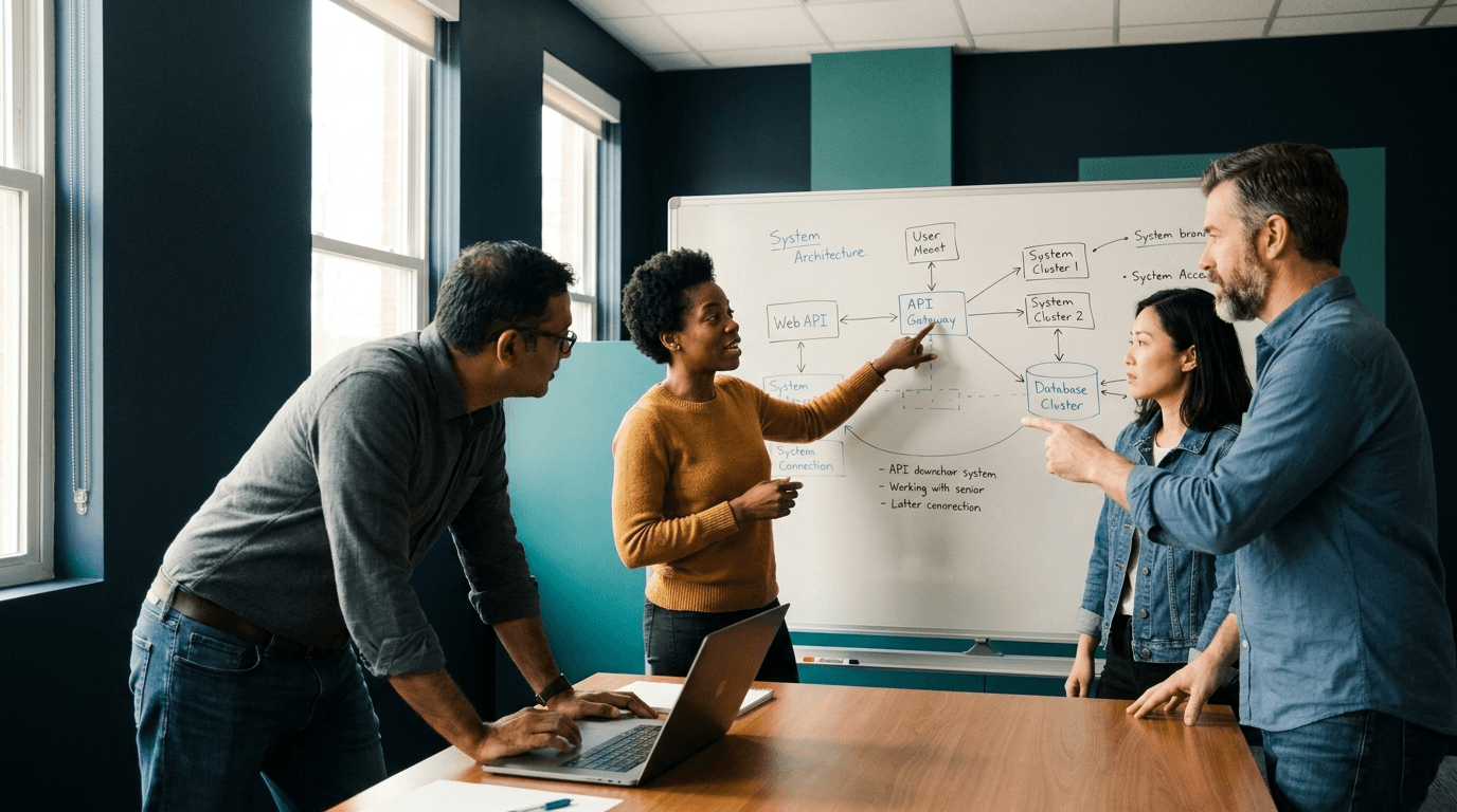 The Lorde Solutions engineering team reviewing a system design together